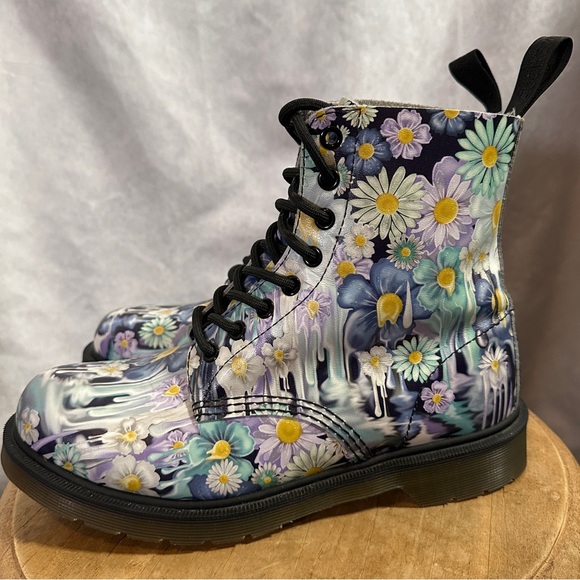 Dr. Martens Shoes - Dr. Doc Martens Pascal Blue Slime Floral Drip Daisy Acid Boots Floral Print